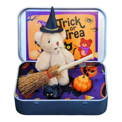 Halloween Bear in a Box for Trick or Treat,Cute Halloween Decoration for Kids, Plush Mini Teddy Bear Gift with Wizard Hat