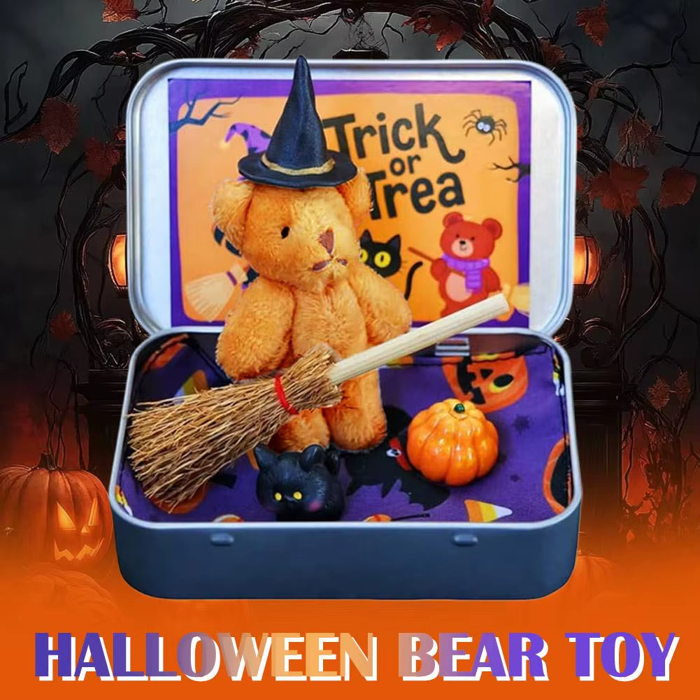 Halloween Bear in a Box for Trick or Treat,Cute Halloween Decoration for Kids, Plush Mini Teddy Bear Gift with Wizard Hat