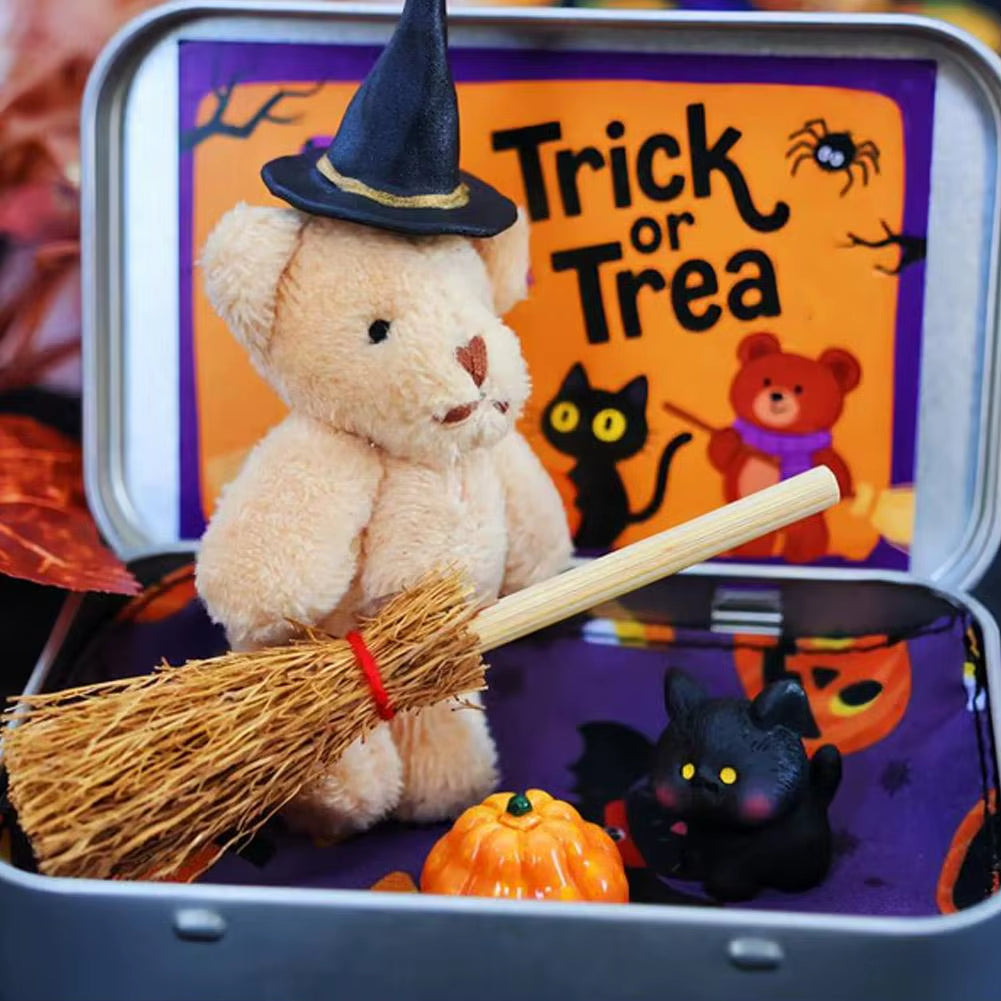Halloween Bear in a Box for Trick or Treat,Cute Halloween Decoration for Kids, Plush Mini Teddy Bear Gift with Wizard Hat