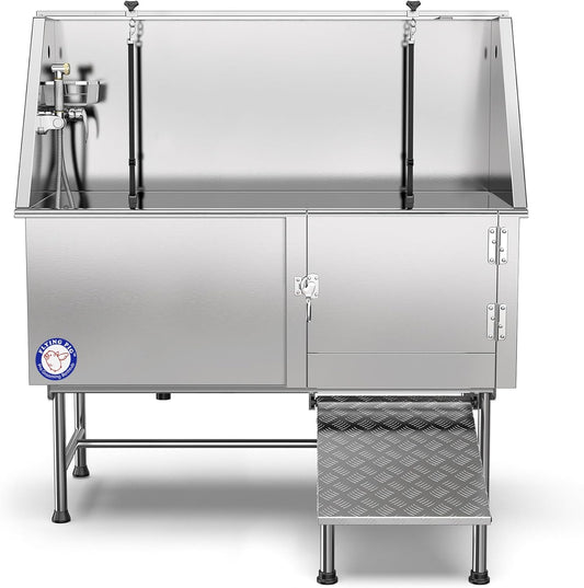 62" Stainless Steel Pet Dog Bath Tub with Faucet (Right Door/Left Drain), 62 X 27 X 58