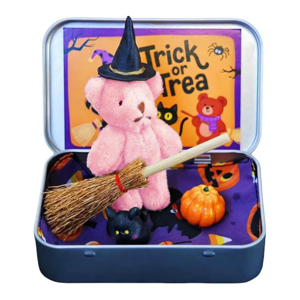 Halloween Bear in a Box for Trick or Treat,Cute Halloween Decoration for Kids, Plush Mini Teddy Bear Gift with Wizard Hat