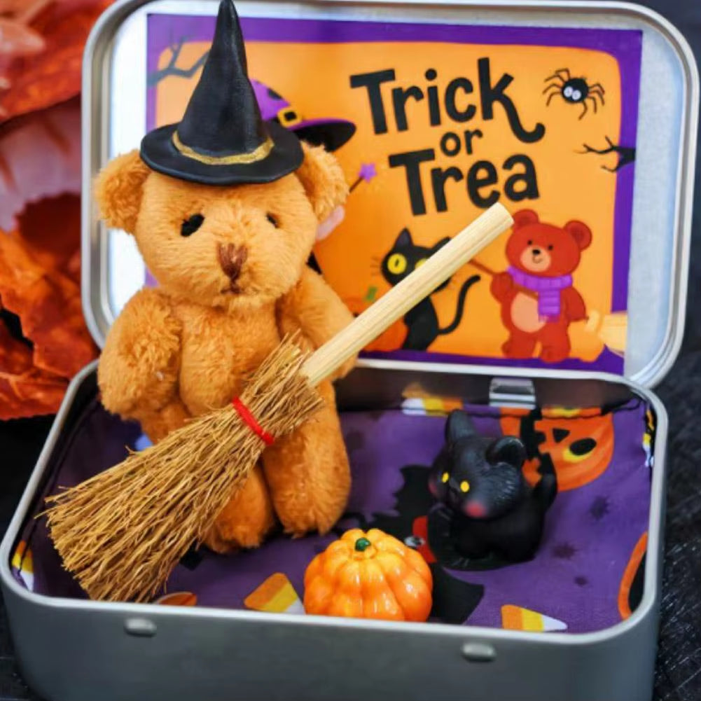 Halloween Bear in a Box for Trick or Treat,Cute Halloween Decoration for Kids, Plush Mini Teddy Bear Gift with Wizard Hat