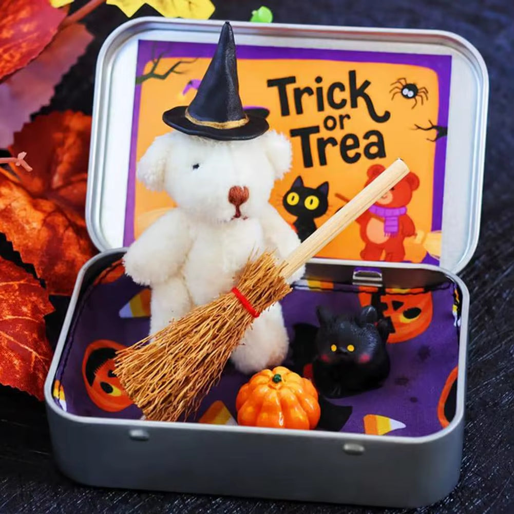 Halloween Bear in a Box for Trick or Treat,Cute Halloween Decoration for Kids, Plush Mini Teddy Bear Gift with Wizard Hat