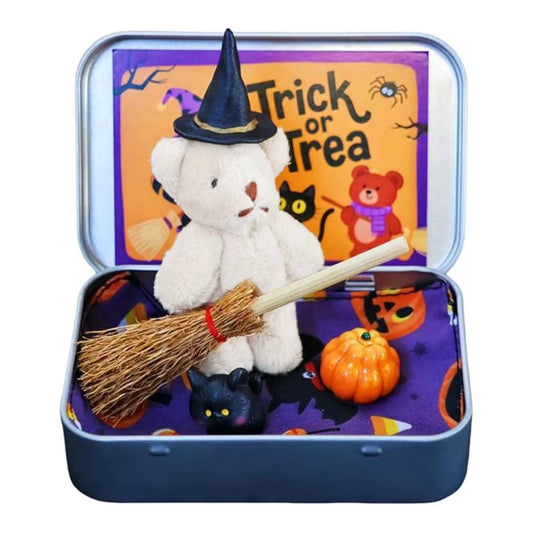 Halloween Bear in a Box for Trick or Treat,Cute Halloween Decoration for Kids, Plush Mini Teddy Bear Gift with Wizard Hat