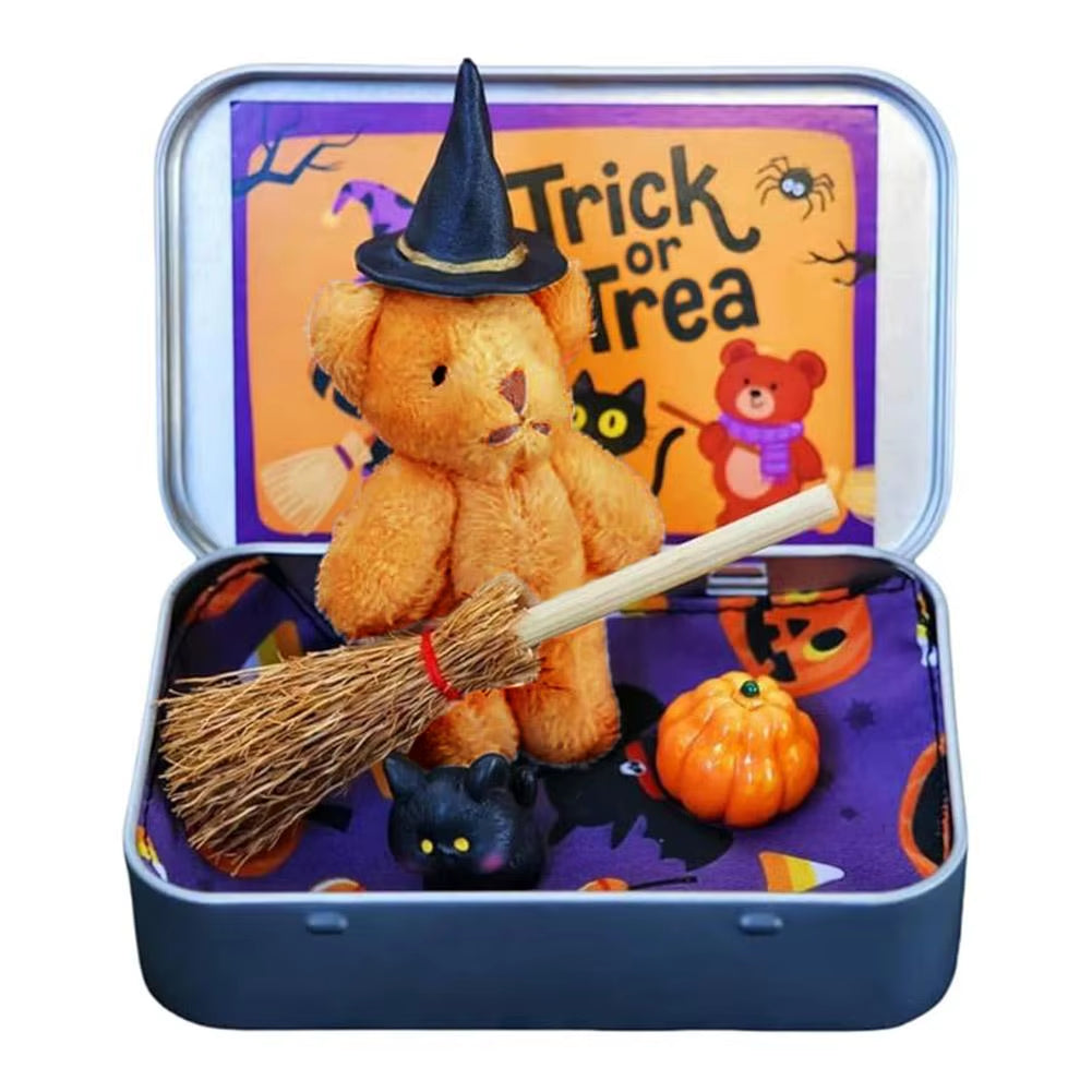 Halloween Bear in a Box for Trick or Treat,Cute Halloween Decoration for Kids, Plush Mini Teddy Bear Gift with Wizard Hat