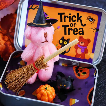 Halloween Bear in a Box for Trick or Treat,Cute Halloween Decoration for Kids, Plush Mini Teddy Bear Gift with Wizard Hat